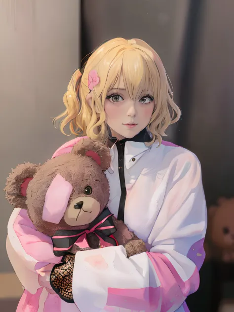 Blonde haired girl holding a teddy bear in her arms, Anime girl cosplay, sakimichan, Anime Cosplay, kawaii realistic portrait, r...