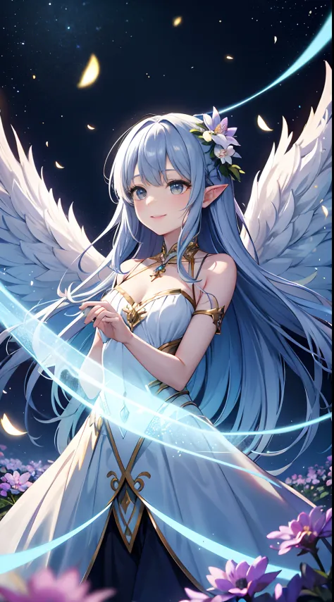 In a realm of enchantment, within a magical forest, a mystical fairy girl emerges, Light blue long hair、Twin-tailed、adorable smiling、a radiant being adorned in gossamer threads of moonlight. Her skirt, woven from petals and stardust, shimmers with an iride...