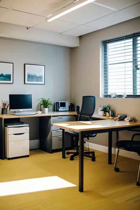 Small Office、IT Corporate Room、There is a painting in the middle of the wall、Light grey floor、The painting on the wall is a sharp design、Tokyo Skyscape、large windows with good ventilation、brightly lit room、The office of the near future、Clear light、The chai...