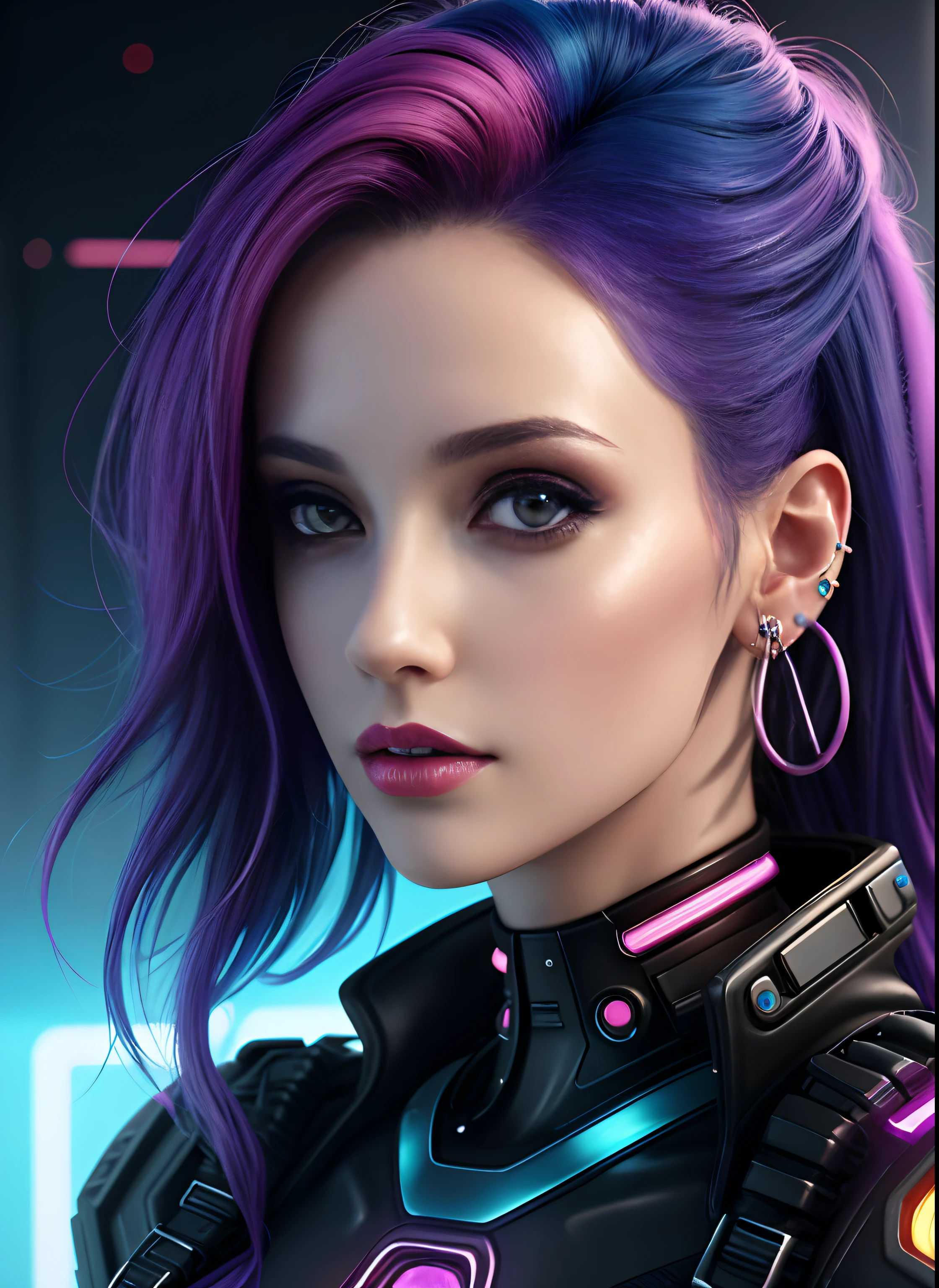 ((best quality)), ((masterpiece)), ((realistic)), (detailed), (1 girl) Close-up of woman with colorful hair and piercings, dreamy cyberpunk girl, 4K high-detail digital art, stunning digital illustration, stunning 8K artwork, colorful digital fantasy art, colorful and dark, beautiful digital artwork, colorful digital painting, cyberpunk digital anime art, portrait of a girl with  luminous wave, 8K HD digital wallpaper art, gorgeous digital painting