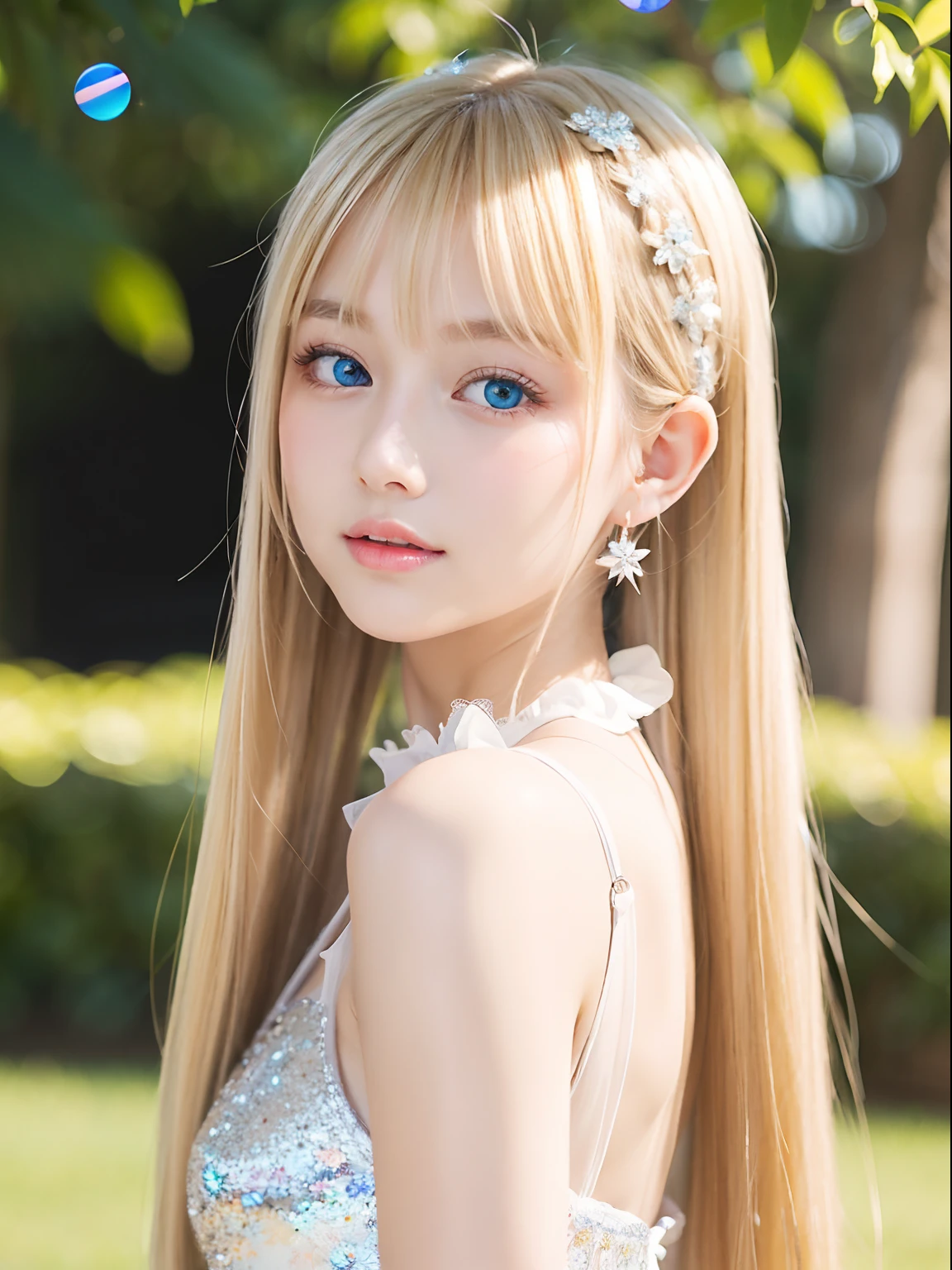 ((Her shining blonde hair and shiny hair are dazzling))、15 year old adorable little beautiful face、bright expression、poneyTail、Radiant pretty face、Glossy long bangs dancing in front of a cute face between the eyes、Hair that hides the face、(Very beautiful super long straight silky hair),Sexy cute young woman、Large, Pale white-blue eyes that sparkle、Small face beauty、Round face、White beautiful skin、glowy skin、Teak Gloss、Gloss Face、Young Face、Lolita Face、