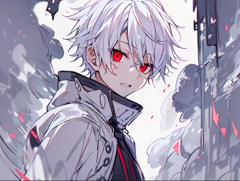 nffsw, Best Quality, masutepiece,Anime boy with white hair and red eyes staring at camera, Highlights in the eyes、slim, dressed ...