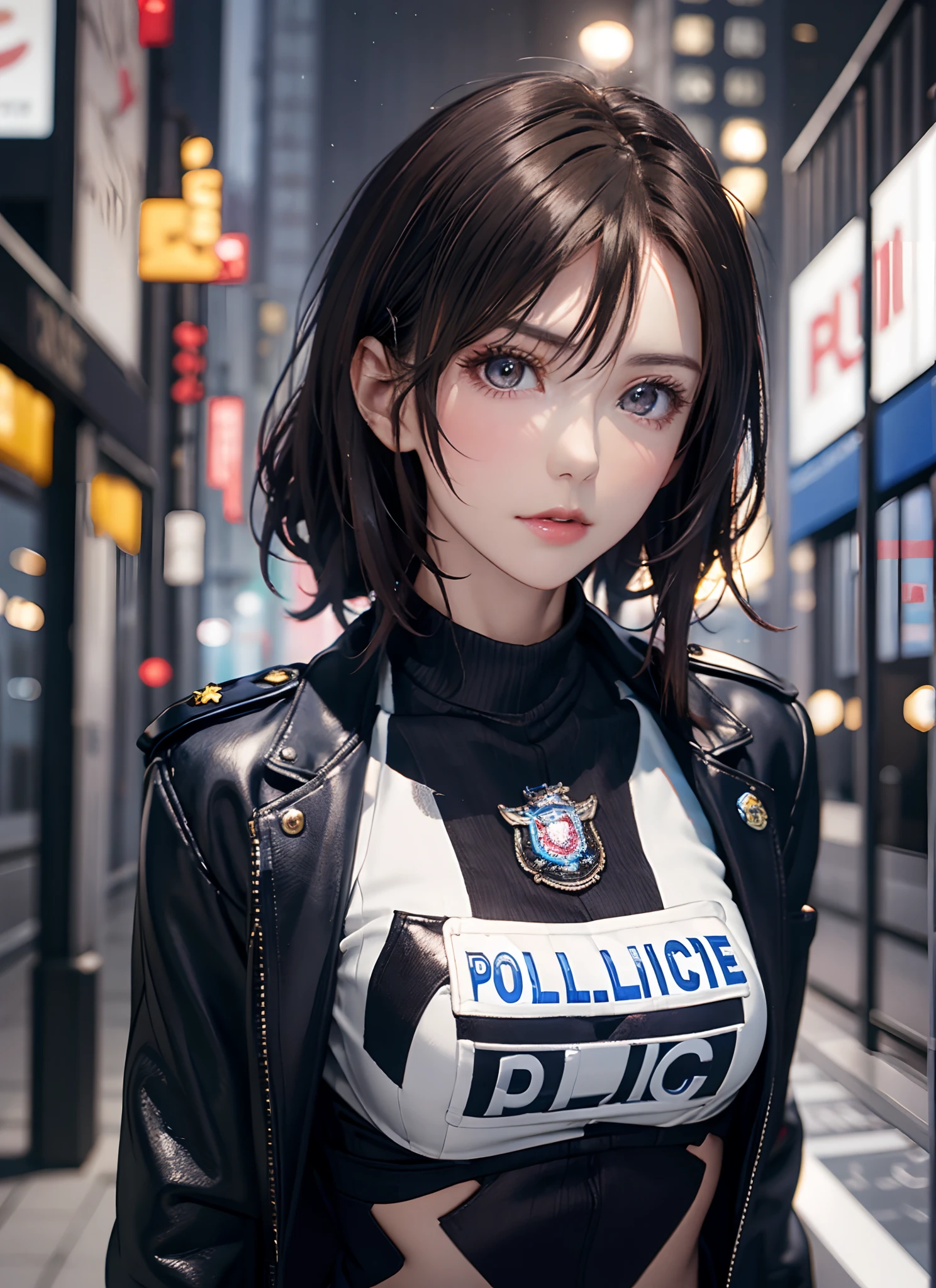 Portrait of Nattorp as a beautiful female model, Georgia Fowler, Beautiful face, with short dark brown hair, in cyberpunk city at night. She is wearing a leather jacket, Black jeans, Dramatic Lighting, (police badge:1.2)