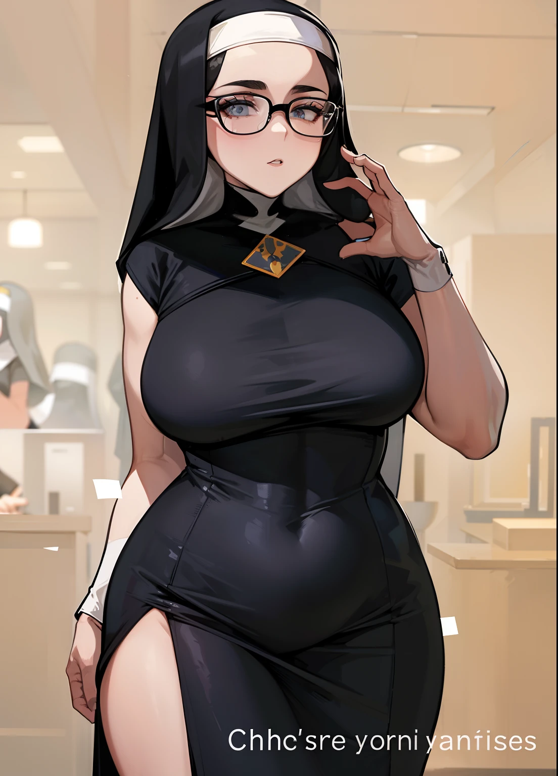 A cartoon of a nun in a black dress and glasses - SeaArt AI