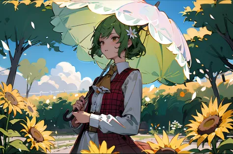 masterpiece, best quality, 1girll,green hair,umbrella, hair flower,helianthus flowers, blue skies，head portrait，in the middle of...