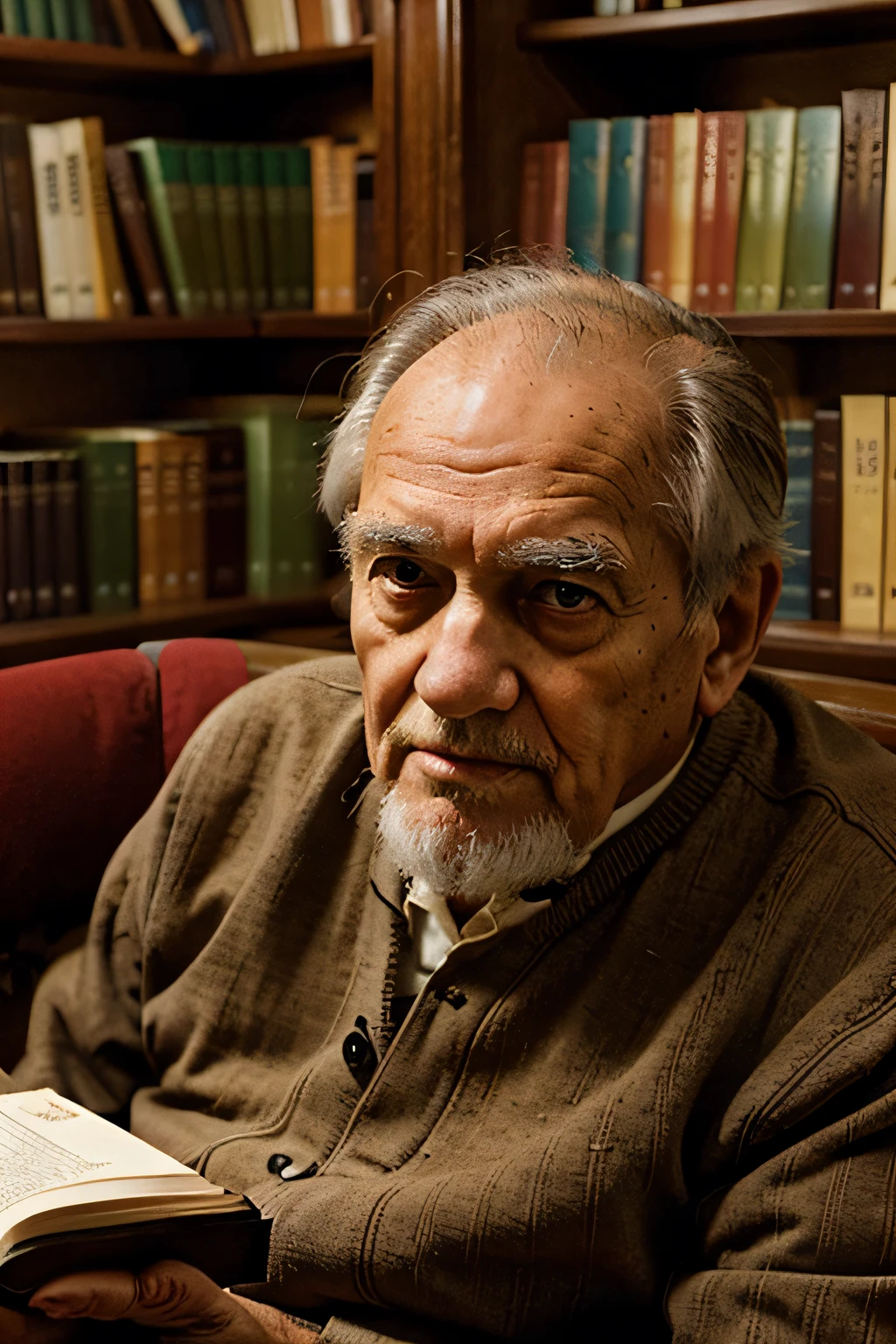 wise old man, in the library room, sitting on a chair holding a book, facing the camera, close up