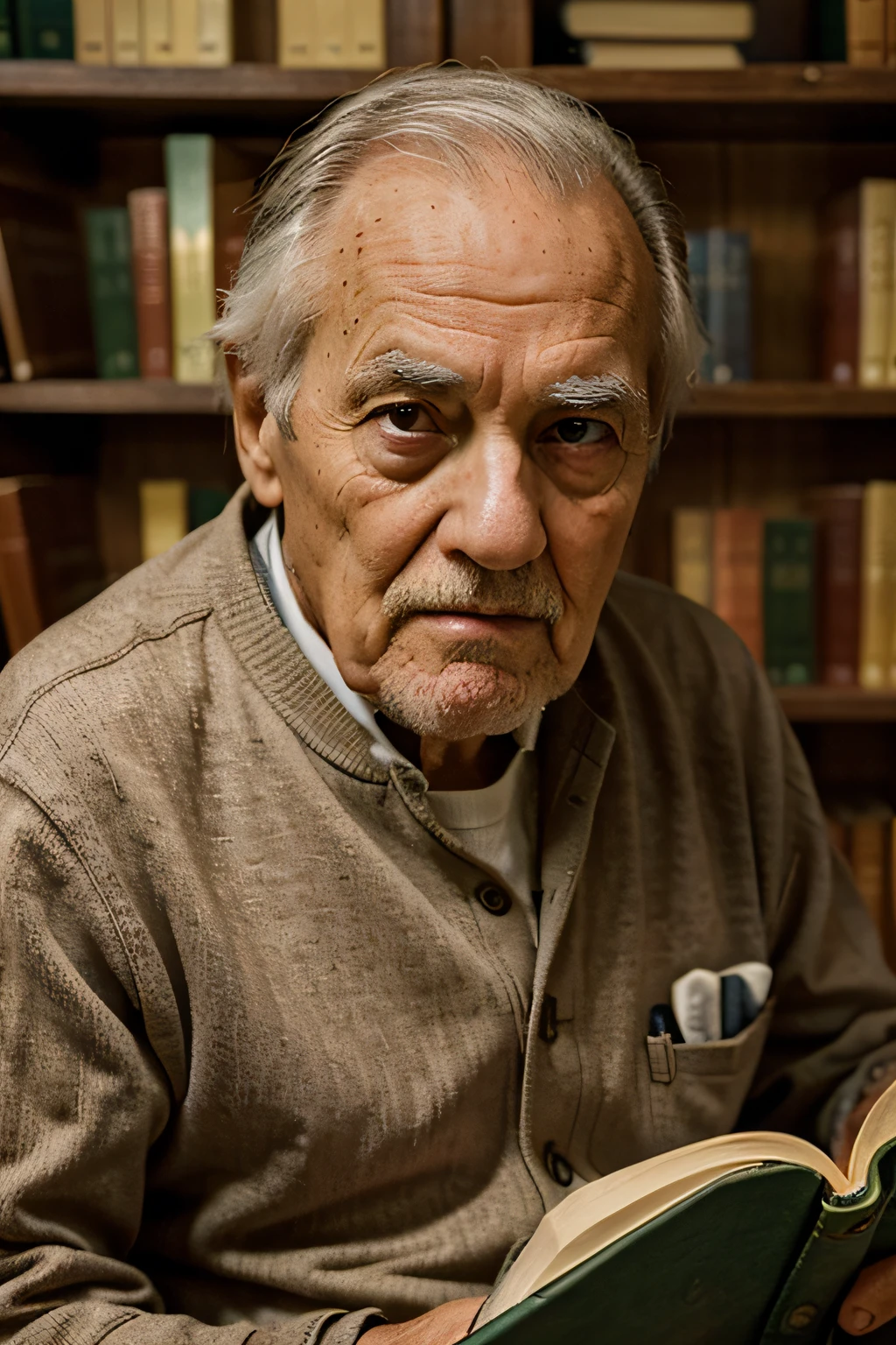 wise old man, in the library room, sitting on a chair holding a book, facing the camera, close up