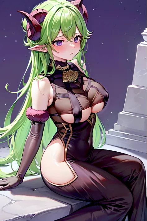 curled hornsmasterpiece, best quality, extremely detailed, 1girl, solo, kukishinobudef, (large breasts:1.9), (((green hair, long hair, purple eyes))), parted lips, (((black nightgown, curled horns, elbow gloves, black gloves))), ((blush, shy), closed mouth...