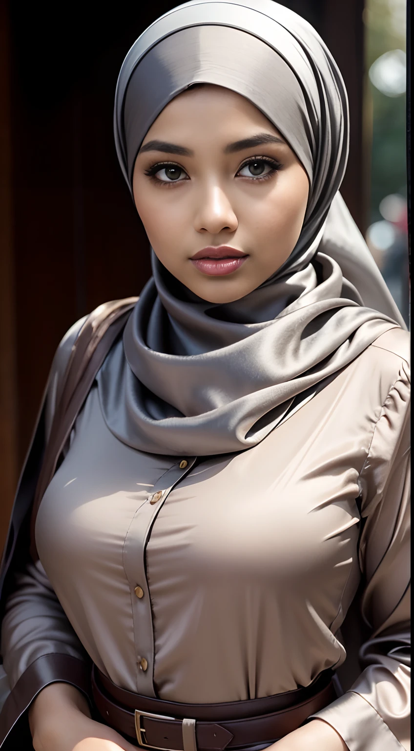 RAW, Best quality, high resolution, masterpiece: 1.3), beautiful Malay woman in hijab (iu:0.8),Best quality, high resolution, Masterpiece: 1.3, Beautiful  hijabi malay girl, Masterpiece, Soft smile,Beautiful Malay women wear Masterpiece, Best Quality, photography, Portrait, Realism, highly detailed, full length frame, High detail RAW color art, diffused soft lighting, shallow depth of field, sharp focus, hyperrealisma, a woman, beautifully, big eyes, big breast, Parted Lips, Challenge Eye, beautiful big eyes, long eye lashes, wearing ((gray satin headscarf)), loosely tide hijab style, ((brown satin shirt)), satin long maxi skirt, long blazer, high cut boots, walking on street, Eiffel tower view