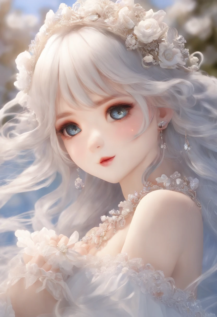 , Leprechaun, white  hair: long, blue colored eyes, breasts small, West, garter, Hair accessories, seducing smile, lookin, head tilt, behind arms, (slim), (fine legs: legs spread open), High detail, best quality, master part, detailed ice, cumulonimbus clouds, beautiful details glow, ice crystal textured wings