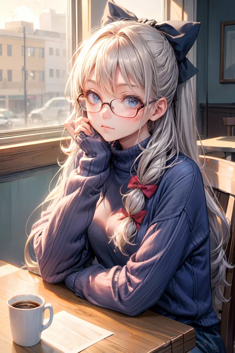 masutepiece, Best Quality, 1girl in, Solo, Long hair, put on glasses，window, Sitting, Indoors, The table, sleeves past wrists, cafes, coffee cup，Hair Bow, head rest, Closed mouth, Blue sweater, Upper body