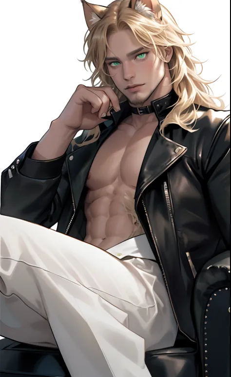 leather jacket, one male, cat ears, long hair, blond, blond hair, green eyes, tall, muscular, white shirt, beautiful face, highest quality, masterpiece, 2d, anime, perfect face, highest detail, feline eyes, stubble, cat tail, wavy hair, far shot, detailed ...