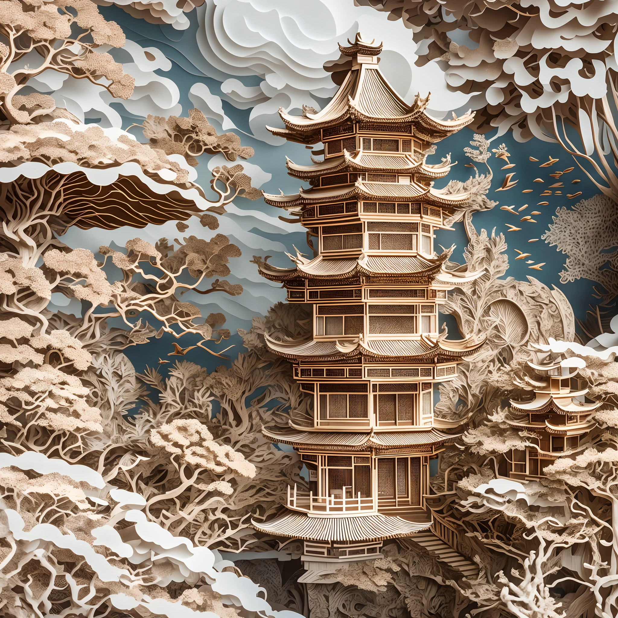 8K, Best quality, Masterpiece, Ultra-high resolution, (photo-realistic:1.4), RAW photo, Close-up, paper cut out, Chinese architecture, gardens,shiitake，mont ，Eau, Sea of clouds, Sharp focus, Ray tracing, Intricate details,