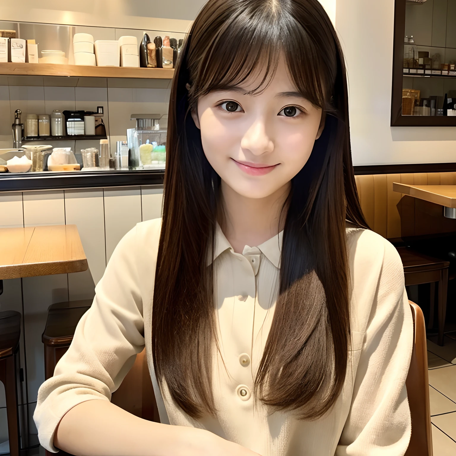 An ultra-high picture quality、Natural brightness、Young beautiful girl in Japan、a beauty girl、Strong sadness、Take a seat in a café、Straight long hair、neat and clean clothes、Beautiful skin quality