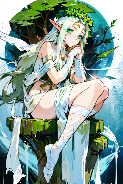 Elven druids，Bandages wrapped around hands，White hair and green eyes，Lady Lady，White silk foot socks