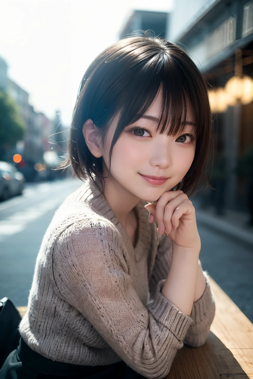 Japan girl in casual clothes on the streets of Tokyo, looking at the viewer, posing with a smile (highest quality, masterpiece))), high resolution, very detailed, masterpiece, cinematic lighting, (8K, highest quality, masterpiece: 1.2), (realistic, photorealistic: 1.37) Hi-Res, Super Detail, 1 Girl , Woman with Glasses, Asian, Cute, Cute Face, Solo, Short Hair 1.2, textured skin, beautiful smile, beautiful detailed sky, detailed café, night, movie lighting, depth of field, lens flare light, sitting, dating, (blushing nose), (smile: 1.15), small breasts (mouth closed), eyes with beautiful details, (sweater: 1.1), night, (short hair: 1.2), floating hair Nova Frog style,