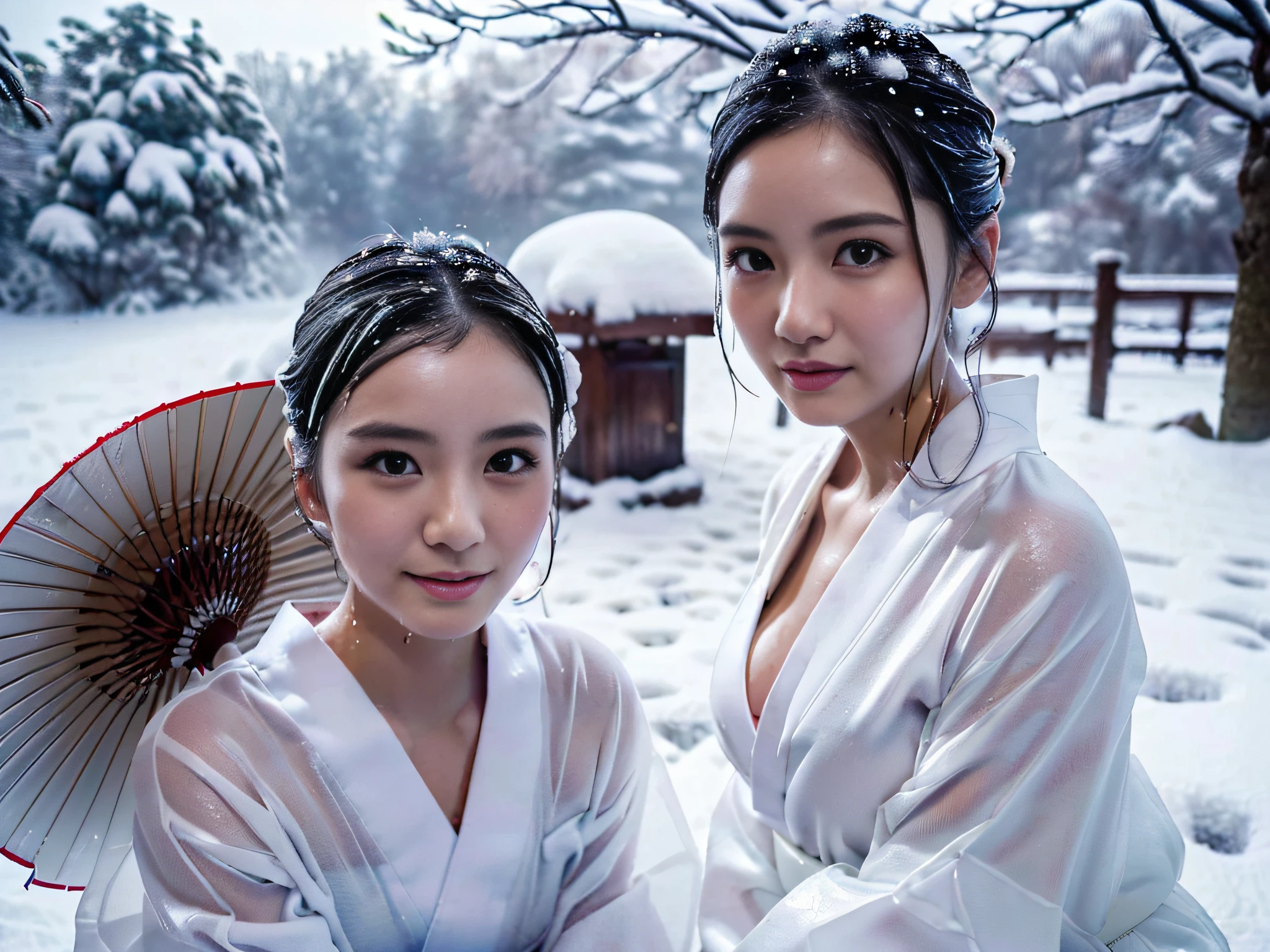 ((Girls wearing white yukata, see through:1.1, cleavage, sitting in hot springs, snow, outside, extremely beautiful faces, Japanese idols, looking at viewer:1.2, detailed face:1.3 cute face, detailed eyes:1.2, cheek to cheek:1.1, ashamed, embarrassed:1.3, chuckles, shy:1.1,  shiny skins, wet, face focused, hot steam, medium shot, lonely eyes, upturned eyes, group shot)), trees in the background, snow mountain,  ((Masterpiece, 8k, raw photo, high resolution, delicate skin, detailed face, ultra detailed, cinematic, photorealistic)),