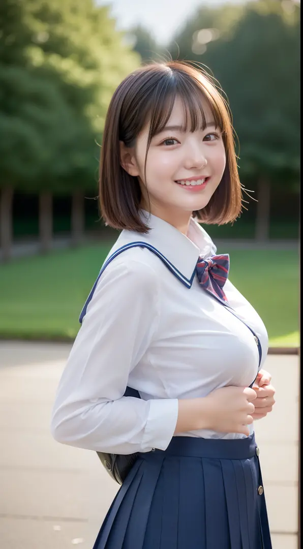 Enhanced dynamic perspective，Cute cute beautiful girl，JK school uniform，Look at me and smile，simple backgound，Works of masters，high quarity，4K resolution，super-fine，Detailed pubic hair，acurate，Cinematic lighting，Leaves the original facial proportions、(larg...