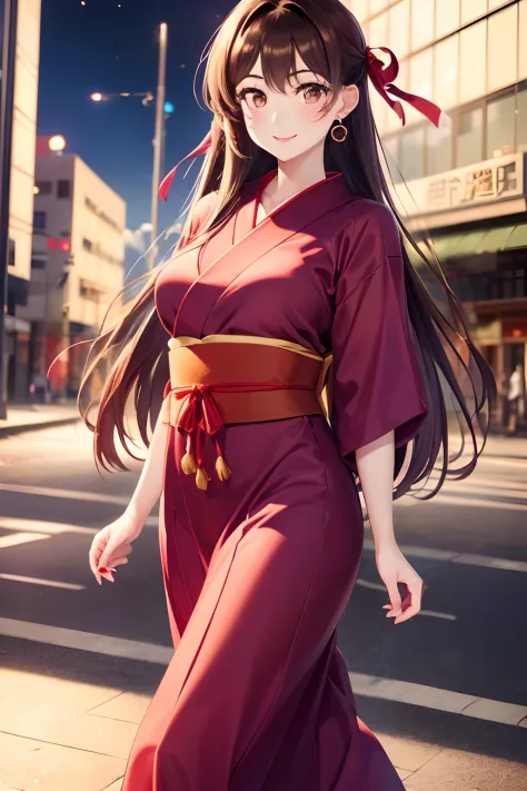 (((beautiful Asian woman))), (((Long brown hair with red ribbon))), (((brown eyes))), wearing a beautiful ourple yukata, smiling, delicate face, super detailed, 8k, super quality, walking in the street, heart earrings, purple nails, red lips, womens' pouch