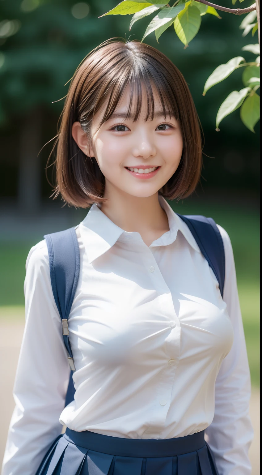 Enhanced dynamic perspective，Cute cute beautiful girl，JK school uniform，Look at me and smile，simple backgound，Works of masters，high quarity，4K resolution，super-fine，Detailed pubic hair，acurate，Cinematic lighting，Leaves the original facial proportions、(large full breasts)、((buttonGap))