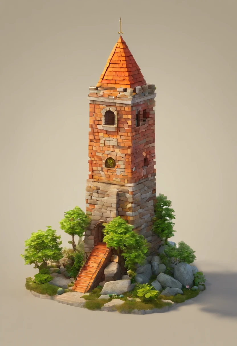 absurdres, best quality, fantasy, isometric, knolling style of (miniature brick round tower:1.2), tree, stone wall, (simple background:1.2)