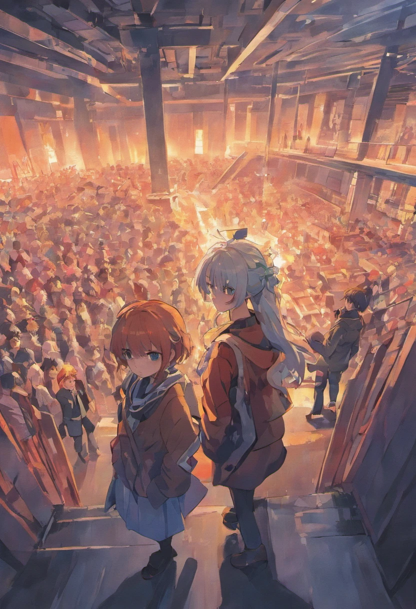 Two anime girls standing in front of a crowd of people - SeaArt AI