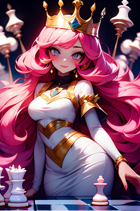 1GIRL, insane girl in long pink hair, crown, princess bubblegum style, chess mater, chess theme, finely detailed,