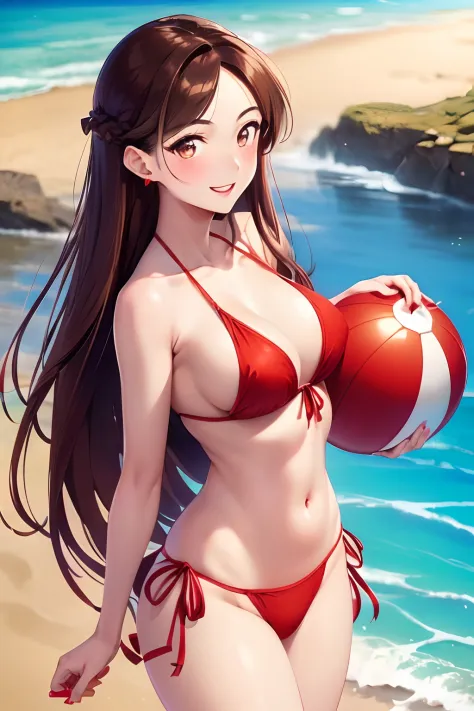 (((beautiful Asian woman))), (((Long brown hair with red ribbon))), (((brown eyes))), wearing a beautiful red bikini, smiling, delicate face, super detailed, 8k, super quality, in the beach, heart earrings, red nails, red lips, holding a beach ball
