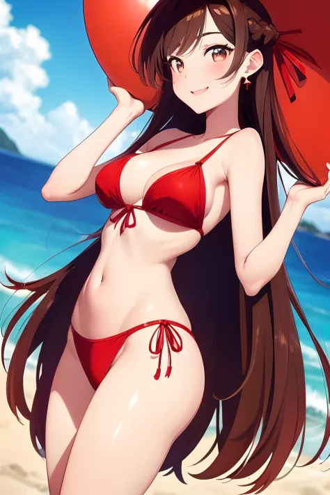 (((beautiful Asian woman))), (((Long brown hair with red ribbon))), (((brown eyes))), wearing a beautiful red bikini, smiling, delicate face, super detailed, 8k, super quality, in the beach, heart earrings, red nails, red lips, holding a beach ball