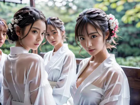 ((Girls wearing white yukata, see through:1.1, cleavage, sitting align toward to viewer, ryokan, extremely beautiful faces, Japa...