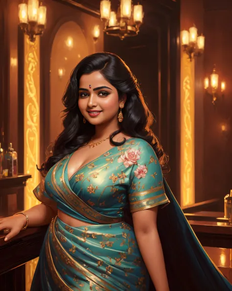 (masterpiece oil painting:1.3) of a (solo:1.3) ravishing curvy chubby tall seductress Anupama Parmeshwaran as spy, at an elegant...