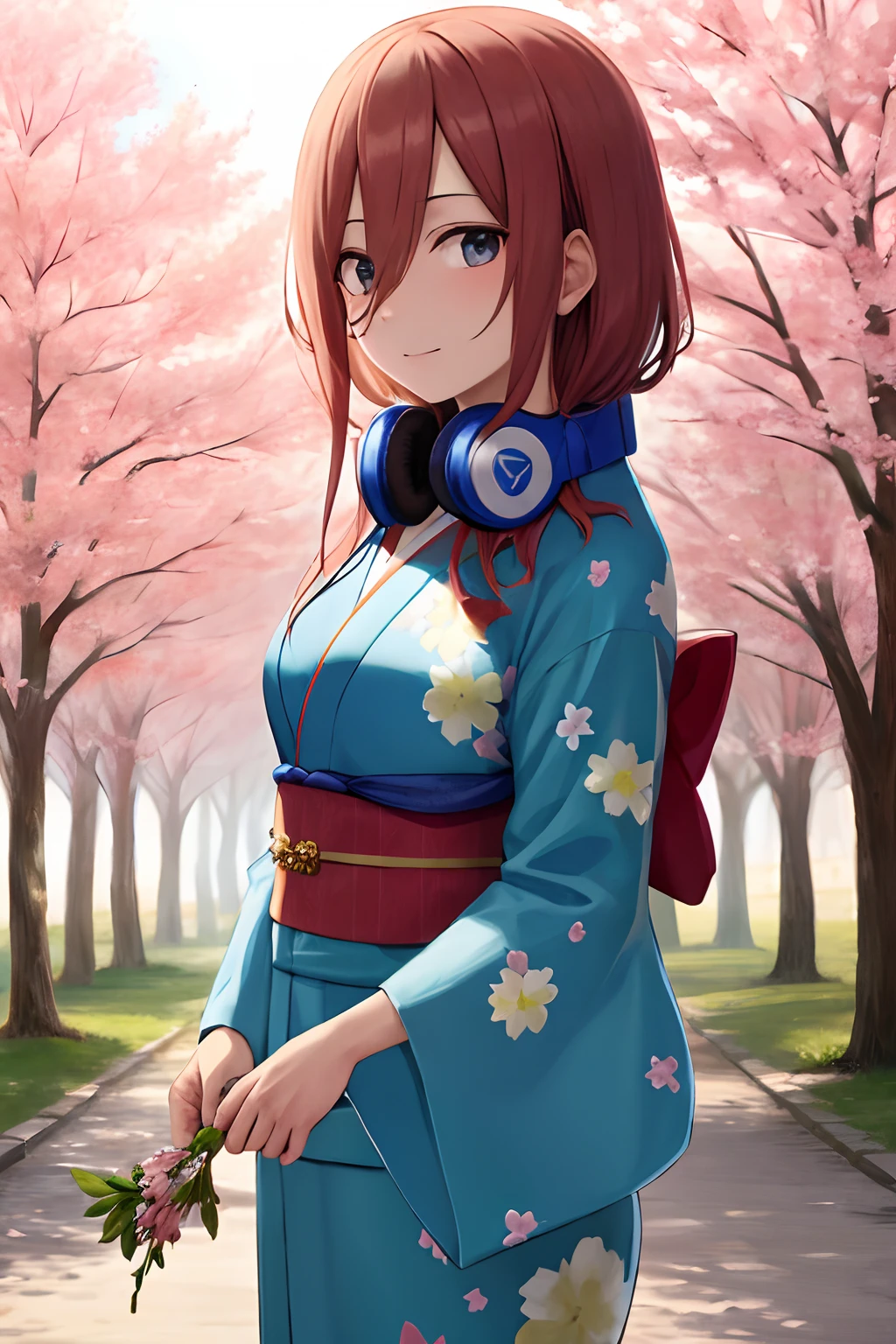 obra maestra, mejor calidad, vestido kimono, auriculares alrededor del cuello, tiro de vaquero, sosteniendo la flor, fondo de los árboles de sakura