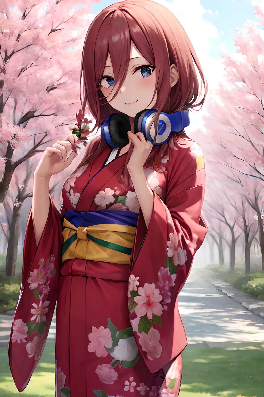 obra maestra, mejor calidad, vestido kimono, auriculares alrededor del cuello, tiro de vaquero, sosteniendo la flor, fondo de los árboles de sakura