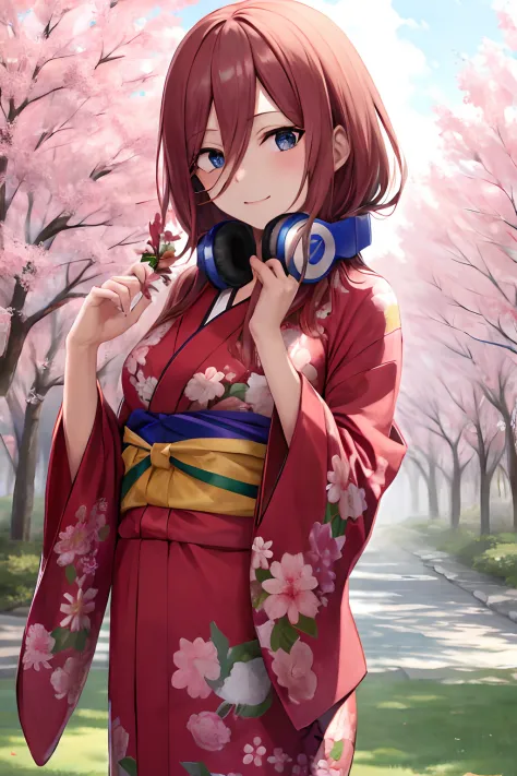 masterpiece, best quality, kimono dress, headphones around neck, cowboy shot, holding flower, sakura trees background