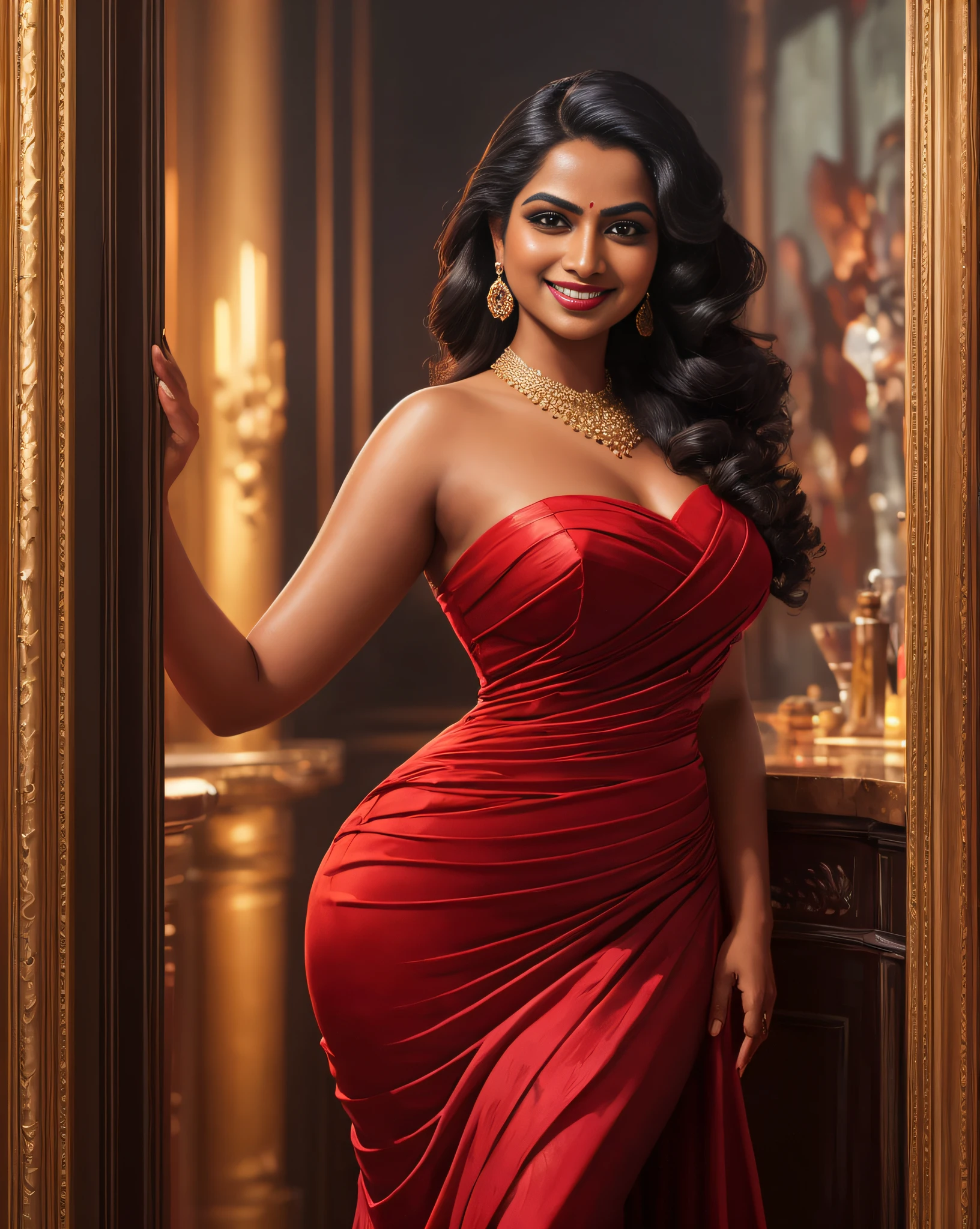 (masterpiece oil painting:1.3) of a (solo:1.3) ravishing curvy tall seductress Anupama Parmeshwaran as spy, at an elegant bar, wearing sexy designer red & black mermaid dress, luscious glossy lips, (ravishing glossy wavy backlit hair), (big intricate eyes:1.3), (seductive smile:1.3) soft dramatic lighting, seductive tension, busy background, backlit, light rays, highly detailed, trending on artstation, paint splashes, rich colour, fantasy portrait, by atey ghailan & greg Rutkowski