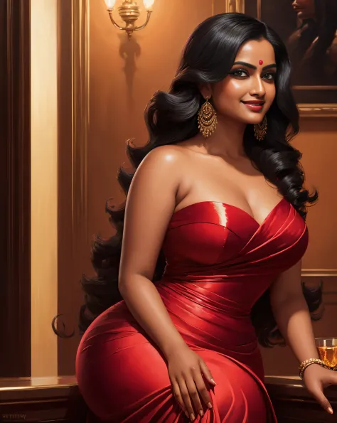 (masterpiece oil painting:1.3) of a (solo:1.3) ravishing curvy tall seductress Anupama Parmeshwaran as spy, at an elegant bar, w...