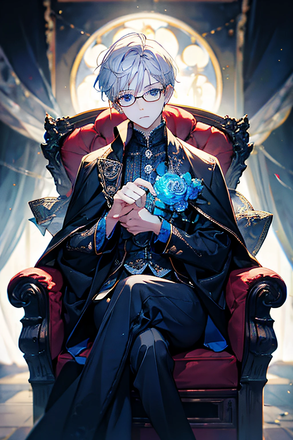 Need，(1boy：1.5)，Cute teenager，Sitting lazily in a chair，Gorgeous single chairs，a throne，blissful，Delicate eyes and delicate face，Super high fine sting，Short silver hair，Short，Fine punk hair，Royal blue eyes，Surreal teens，Short-haired man，Metal-framed glasses，Gentle expression，Casual clothes，Place one hand next to your cheek，Full body like，Look at the audience，photography，Cinematic lighting，artist，Colorful，Simple background