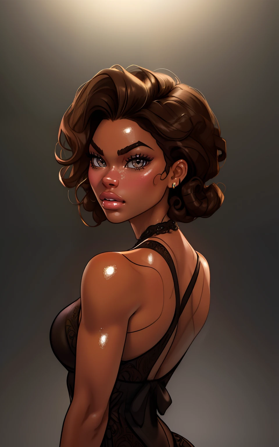 (((beautiful))) a photo of ((Zendaya)) (((brown skin))) and (((smoldering eyes))). Her (((hair curve elegantly backwards))), 8k, 4k, Unreal Engine 5, octane render, trending on pixiv, fanbox, skeb, masterpiece, ((slendered abs )),(small breasts:1.1), (petite), ((short curly hair)) wide hips, (full lips:1.5), smooth soft skin, big dreamy eyes, beautiful intricate brown hair, anime wide eyes, soft lighting, concept art, digital painting,