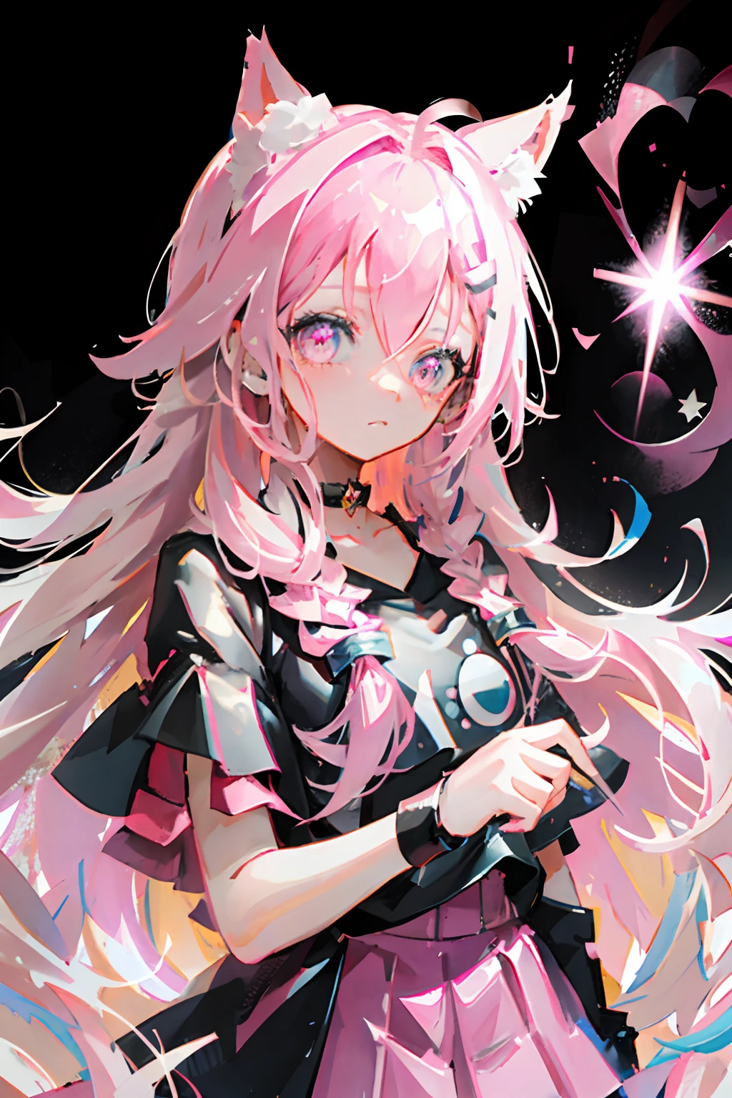 One Little Girl，The hair is pink，Long hair，The cat ears on the head come down vertically，The cat ears are pink，Big，There are also two demon horns on the head, as well as a star bow，Pink，The eyes are pink and red, and then there is pink on the neck，Headphones with a bit of white