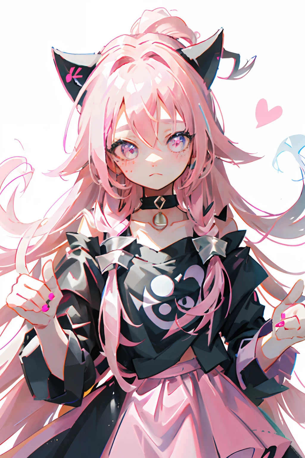 One Little Girl，The hair is pink，Long hair，The cat ears on the head come down vertically，The cat ears are pink，Big，There are also two demon horns on the head, as well as a star bow，Pink，The eyes are pink and red, and then there is pink on the neck，Headphones with a bit of white