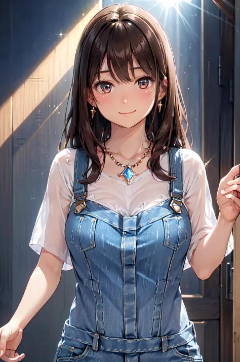 (High quality, High resolution, Fine details, Realistic), Long Wave Hair、Dark brown hair、Earring、Small necklace、No shirt, Denim ...