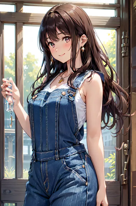 (High quality, High resolution, Fine details, Realistic), Long Wave Hair、Dark brown hair、Earring、Small necklace、No shirt, Denim ...