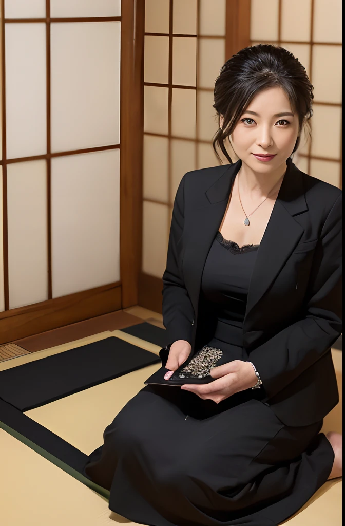 ((1人の女性,The most beautiful faces in Japan,40 years,Old face,A MILF,There are wrinkles at the corners of the eyes,A detailed face,Perfect gas chamber,Looking at the camera,View here)),((((Black shirt,Black suit jacket,Black skirt,Black mourning clothes)))),((pearls necklace,Classy hairstyle,natural make up,The chest is very bulging,large full breasts,Smile here,Lowered eyebrows,drooping eyebrows,Staring at them with an adorable expression,Sitting in a Japanese-style room,Japanese-style tatami room,shoji,,Seowon Building,Sitting on a cushion in a room in Japan,Looking at the camera,look at a camera,Take a photo above from your lap)),((Turn to this,View here,Perfect fingers,perfect arms,细致背景,top-quality,The ultra -The high-definition,Perfect Anatomy,high-definition RAW color photography,professional photograpy, extremely delicate and beautiful, Extremely detailed,finely detail, Huge file size,Top image quality,8K,Award-Winning Works,masutepiece))