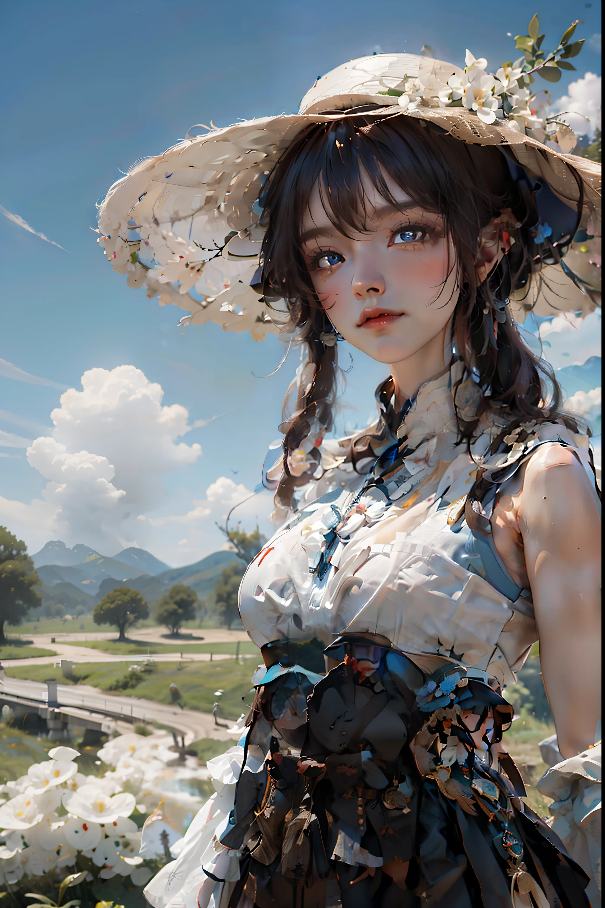 《Genshin Impact》walnuts, White background,  Cute pose, large grassland, Beautiful woman in a sun hat standing on the prairie, Large clouds, Blue sky, louka, forest, hillside, secluded, tourist attraction, high definition detail, Hyper-detailing, Cinematic, surrealism, Soft light, Deep field focus bokeh, Ray tracing and surrealism. --v6