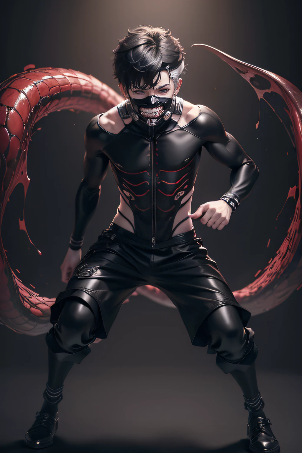 1boy,8k, anime, portrait, best quality, ultra high res, ultra detailed, black and high constrast color tone, extremely detailed lighting, cinematic lighting, soft lights, (masterpiece, high quality:1.4), (kaneki ken, black hair, white hair, red and black eye, mask | teeth, blood eyes, black clothes, scorpio tentacles),  blood, ((full body)), (dynamic pose), black background, thrilling, (fierce face)