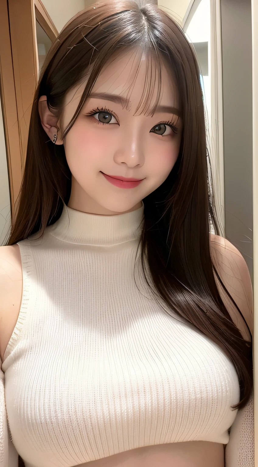 masutepiece, Best Quality, Photorealsitic, finely detail, hight resolution, 8K Wallpapers, Perfect dynamic composition, Beautiful detailed eyes, Medium Hair, large full breasts, Random and sexy poses,Bring your chest together、(Very Small Size Mock Neck Crop Tank Top White Knitwear)、(Breast bulge 1.2)、A smile、open open mouth、Resort scenery、23years old、(Drooping eyes 1.4)、Adult beauty、japanes