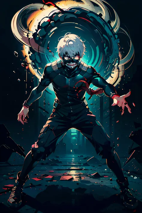 1boy, 8k, anime, portrait, best quality, ultra high res, ultra detailed, black and high constrast color tone, extremely detailed lighting, cinematic lighting, soft lights, (masterpiece, high quality:1.4), (kaneki ken, black hair, white hair, red and black ...
