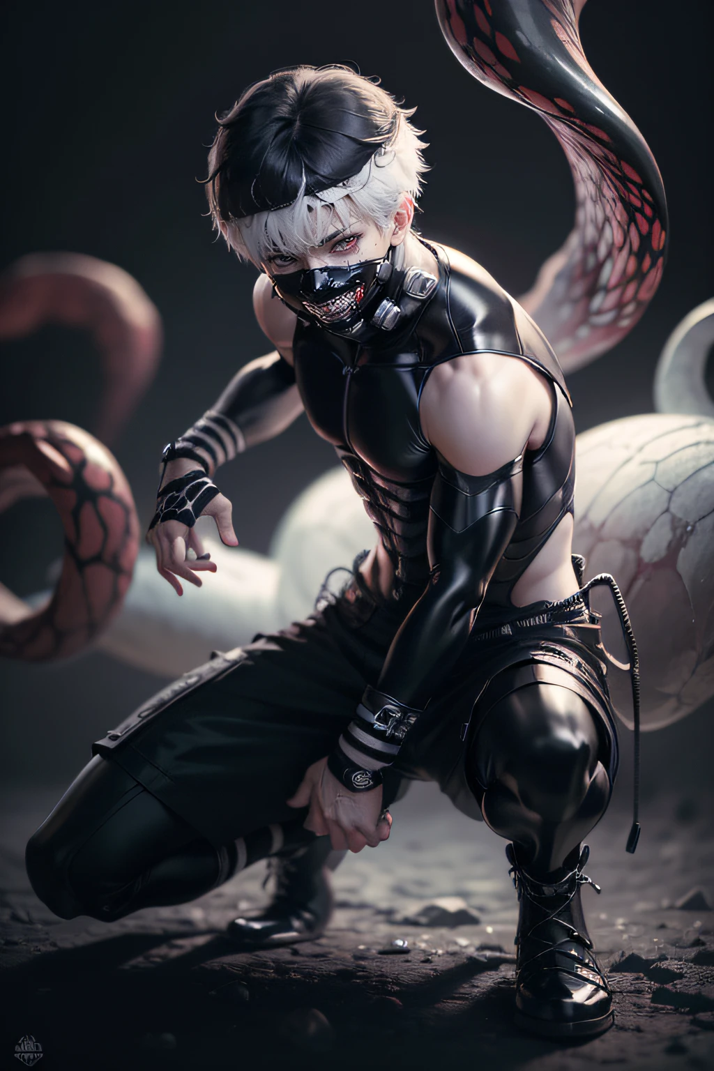 1boy,8k, anime, portrait, best quality, ultra high res, ultra detailed, black and high constrast color tone, extremely detailed lighting, cinematic lighting, soft lights, (masterpiece, high quality:1.4), (kaneki ken, black hair, white hair, red and black eye, mask | teeth, blood eyes, black clothes, scorpio tentacles),  blood, ((full body)), (dynamic pose), black background, thrilling, (fierce face)