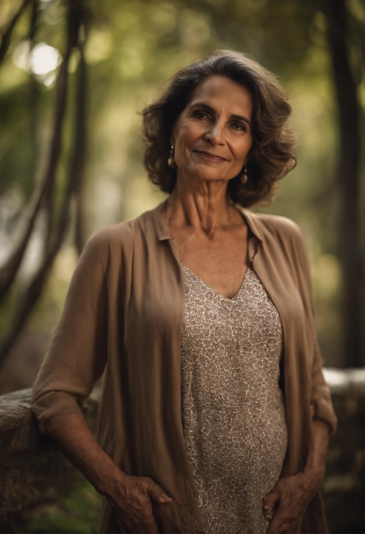 A close up of a woman standing in a forest with trees - SeaArt AI