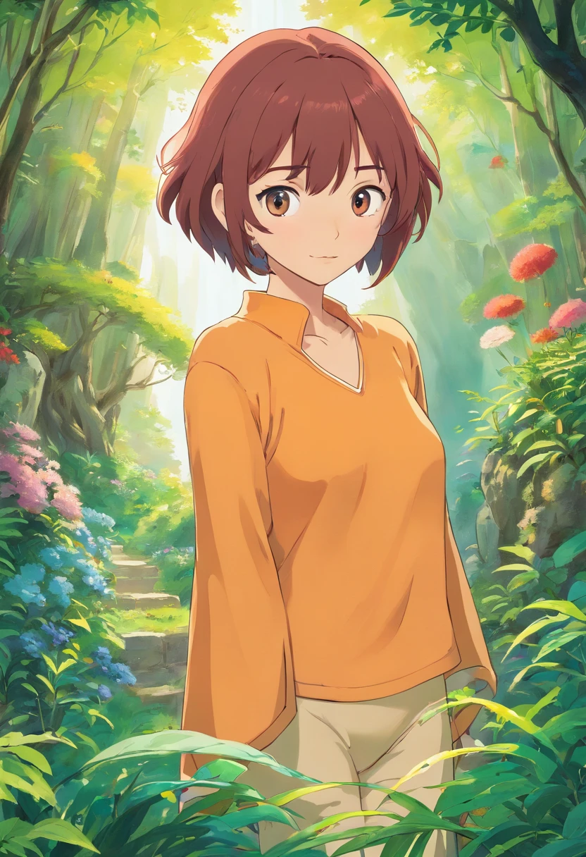 A woman in a yellow shirt stands in a forest - SeaArt AI